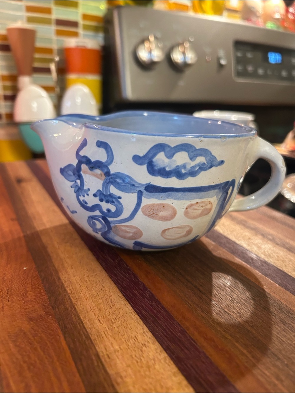 MA Hadley Cow Ceramic Sauce Boat in Blue and Cream Factory Glaze Skip on handle
